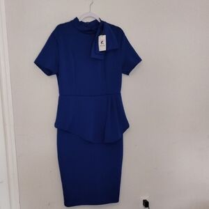 Blue Peplum Midi Dress with Mock Neck for Work